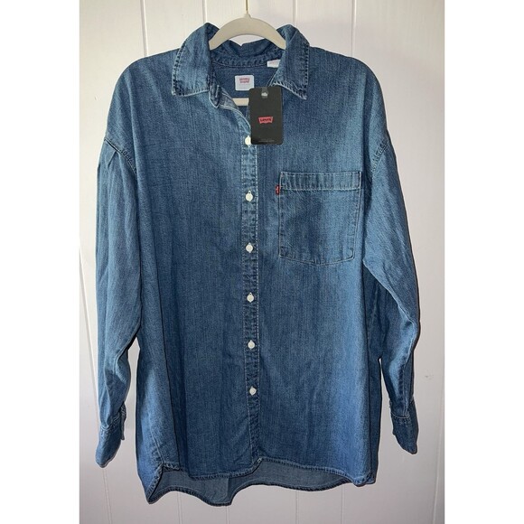 Women's Levi’s Denim Oversized Drop Shoulder Button Shirt Blue Long Sleeve Large - Picture 1 of 7